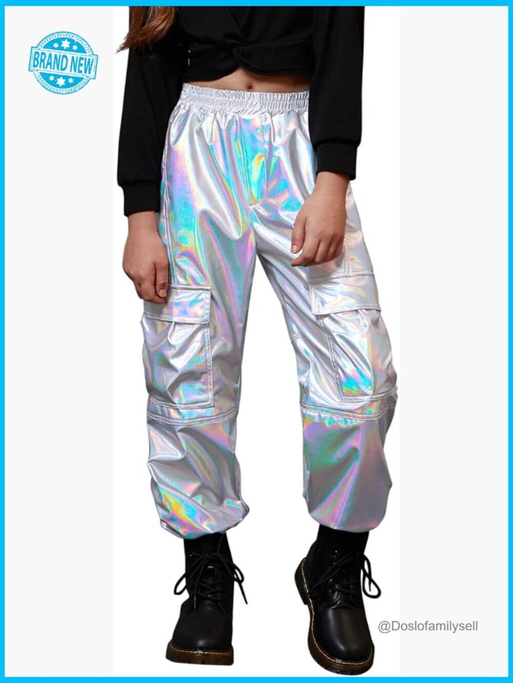 Metallic Cargo Pants Multi-Pocket Joggers High Waist Dance Hip Hop Y2K